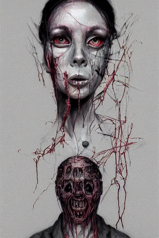 Image similar to crayon cartoon grunge portrait of a creepy horror nurse girl . intricate abstract. intricate artwork. nightmare fuel. terrifying. by zdzisław Beksiński, wlop, dan mumford , trending on artstation, greg rutkowski very coherent symmetrical artwork. cinematic, hyper realism, high detail, octane render, 8k