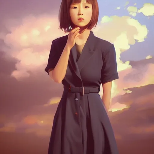 Image similar to clothed, worksafe. instagram photo, kodak portra. by wlop, ilya kuvshinov, krenz cushart, greg rutkowski, trending on pixiv. zbrush sculpt, octane, maya, houdini, vfx. full body portrait of a japanese junior idol, summer dress. oil painting. cinematic dramatic atmosphere, sharp focus, volumetric lighting.