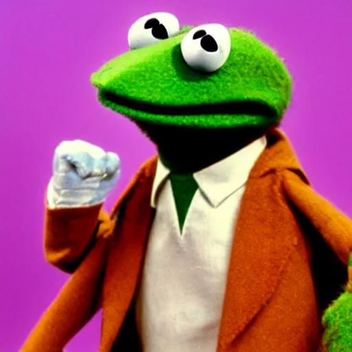 Image similar to photo of jim Henson\'s Kermit the frog looking incredibly angry to have been served divorce papers, shaking his fist, professional photography, green frog felt Muppet puppet, high definition