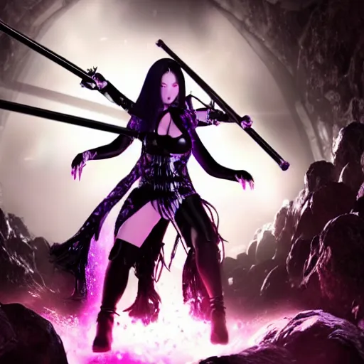 Image similar to ultra realistic, hyper realistic gorgeous goth psylocke fighting army of demons with a samurai sword, physical based render, cinematography, octane, photorealistic, gorgeous, symmetrical, unreal engine