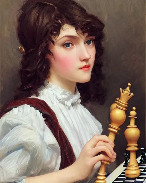 Image similar to a girl playing chess, beautiful face, oil on canvas, artstation, by j. c. leyendecker and edmund blair leighton and charlie bowater, beautiful face, octane, very aesthetic!!!!!!!!!!!!!!! stunning gorgeous big eyes