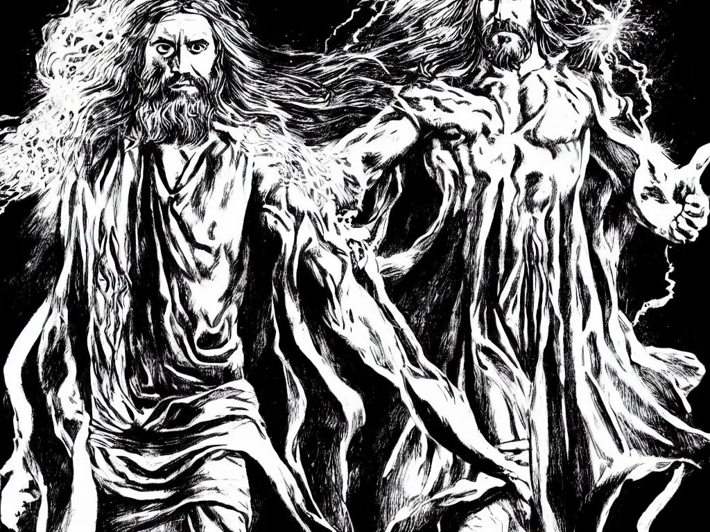 Image similar to jesus christ as a superhero with long hair and white eyes floating above the water shooting lightning out of his hands, drawn by alan moore, graphic novel, symmetrical, frontal, full body shot,