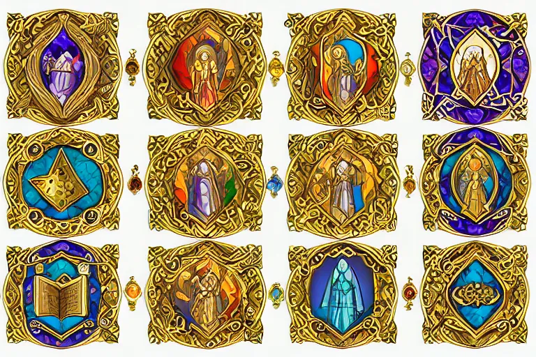 Prompt: illustration of design sheet of sets of various fantasy religion iconography mosaics with gemstones, prismatic colors, ornate gold patterns