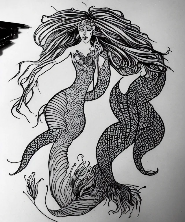 Image similar to tattoo design illustration, black ink on white paper, beautiful mermaid, full body