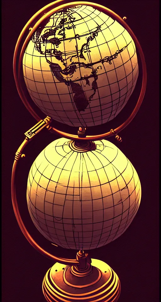 Image similar to steampunk rotating globe, high details, lineart, by vincent di fate, inking, 3 color screen print, masterpiece, trending on artstation, sharp, high contrast, hyper - detailed, photo realism, hd, 4 k, 8 k