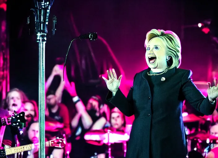 Image similar to publicity photo still of hillary clinton in a death metal band playing live on stage, 8 k, live concert lighting, mid shot