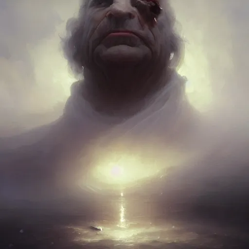 Image similar to cinematic shot epic portrait a melting old man, shiny, broad light, ambient occlusion, volumetric light effect, made by ivan aivazovsky, peter mohrbacher, greg rutkowski, matte painting, trending on artstation, 4 k, perfectly defined features, digital painting, cinematic, epic, highly detailed,