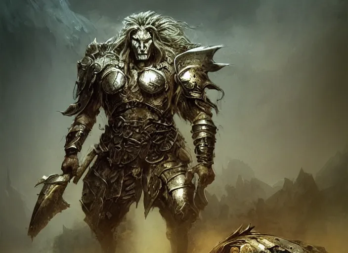 Image similar to were lion warrior concept, babylon armor, beksinski, ruan jia, the hobbit orc concept, dark soul concept