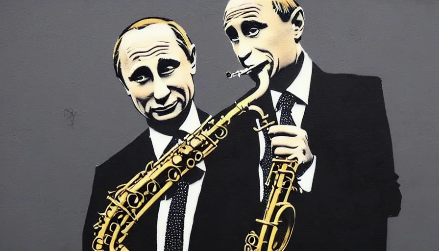 Image similar to Graffiti by Banksy of Vladimir putin playing the saxophone