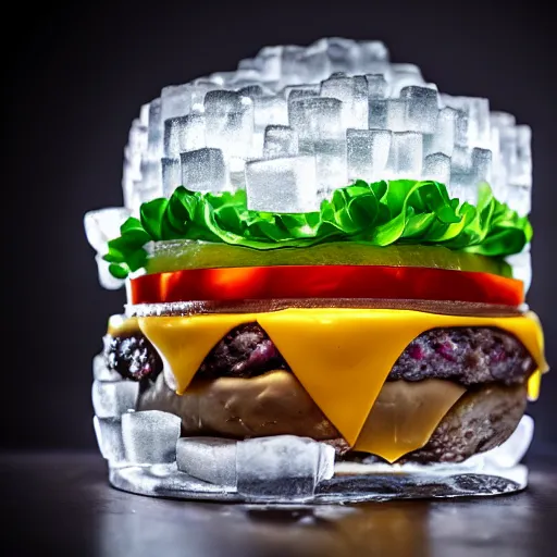 Image similar to a clear ice sculpture of a burger made entirely of ice, 4 k