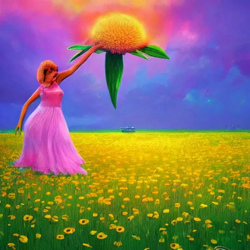 Image similar to giant daisy flower as head, girl dancing in a flower field, surreal photography, sunrise, dramatic light, impressionist painting, colorful clouds, digital painting, artstation, simon stalenhag