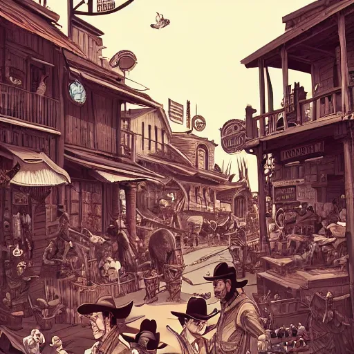 Image similar to old western town, extremely detailed, sharp focus, wide view, full body shot, smooth, digital illustration, by james jean, by rossdraws, frank franzzeta, sakimichan, mcbess