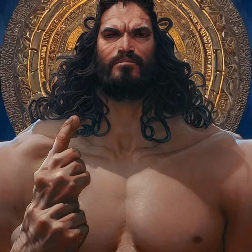 Image similar to hulking herculean ogre jesus christ, masterpiece, intricate, elegant, highly detailed, digital painting, artstation, concept art, smooth, sharp focus, illustration, art by artgerm and greg rutkowski and alphonse mucha and uang guangjian and gil elvgren and sachin teng, symmetry!!