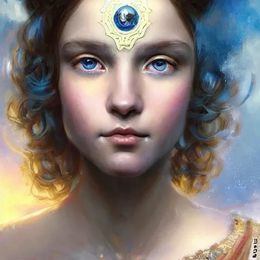 Image similar to a little girl with short wavy curly light brown hair and blue eyes, a space empress in byzantine style. beautiful highly detailed face, painting by artgerm and greg rutkowski and raymond swanland.