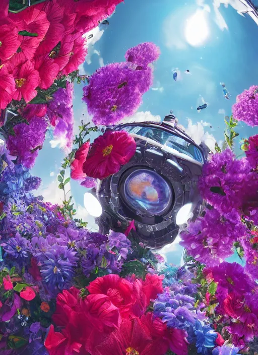 Image similar to An epic fantastic realism comic book style painting of the most beautiful flowers launched into space, bouquets, fisheye lens, unreal 5, DAZ, hyperrealistic, octane render, dynamic lighting