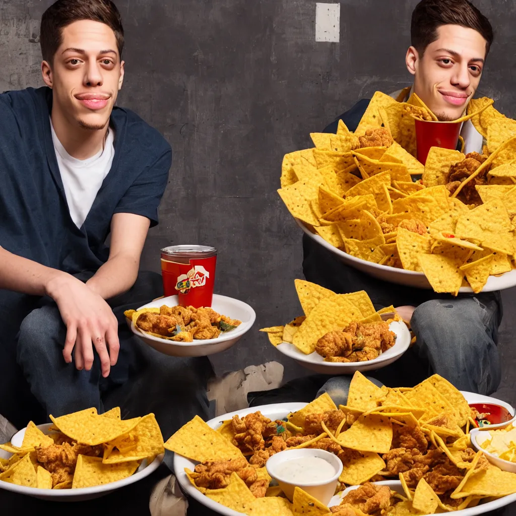 Image similar to pete davidson sitting in a bowl of nice fried chicken and nachos