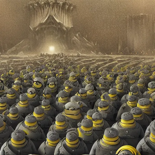 Prompt: An army of minions defend Helm’s Deep, lord of the rings concept art, sharp lighting, 4k, detailed, bright colors