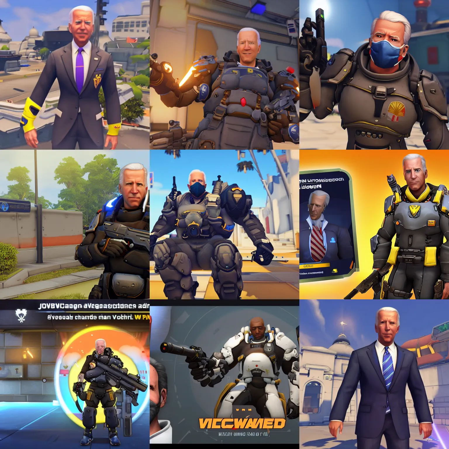 Prompt: gameplay screenshot of joe biden as an overwatch character,