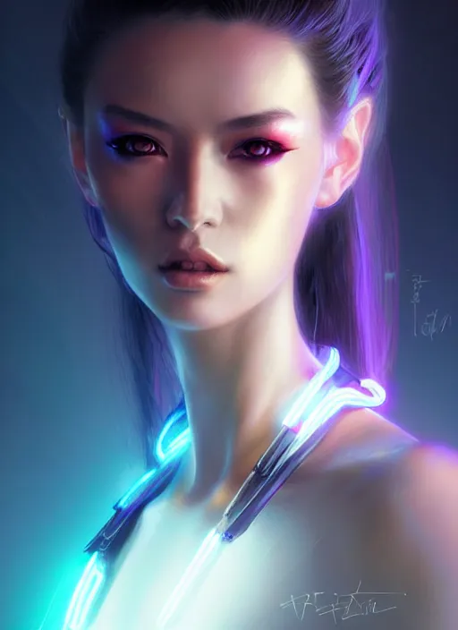 Image similar to portrait of female oriental humanoid, intricate, elegant, cyber neon lights, highly detailed, digital photography, artstation, glamor pose, concept art, smooth, sharp focus, art by artgerm and greg rutkowski