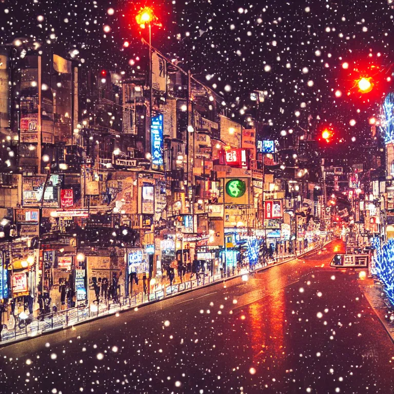 Prompt: illustration of osaka with many lights and lens flares, snowy winter christmas night