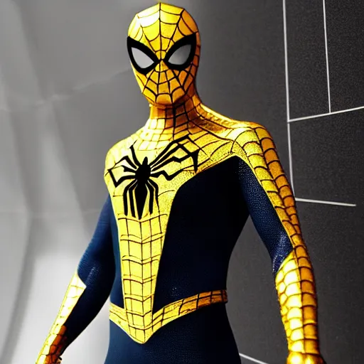 Image similar to gold spider - man suit with black web lining, cinematic, volumetric lighting, realistic, hyperdetailed, photorealistic, photograph