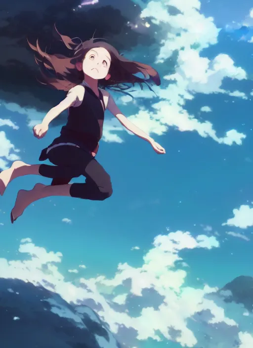 Image similar to girl flying towards a deep abyss in the air, illustration concept art anime key visual trending pixiv fanbox by wlop and greg rutkowski and makoto shinkai and studio ghibli