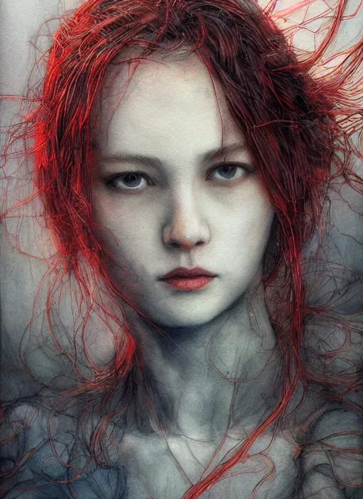 Image similar to portrait, The red thread of fate that binds every soul on earth, watercolor, dramatic lighting, cinematic, establishing shot, extremely high detail, foto realistic, cinematic lighting, pen and ink, intricate line drawings, by Yoshitaka Amano, Ruan Jia, Kentaro Miura, Artgerm, post processed, concept art, artstation, matte painting, style by eddie mendoza, raphael lacoste, alex ross