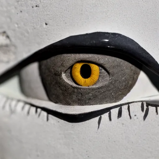 Image similar to close - up museum photo of sculpture of an ancient stone eye, almond shape, the white limestone sclera, the black stone pupil, greece, rome, studio lighting, professional, promo,