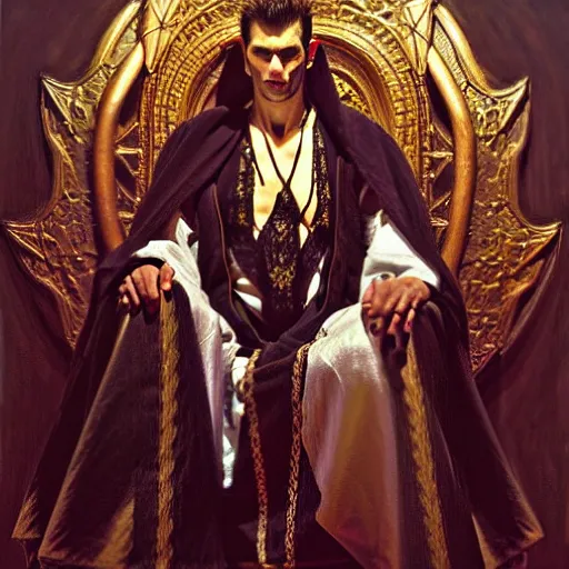 Image similar to perfectly centered portrait of attractive vampire king in a robe sitting on a throne of bones, highly detailed painting by gaston bussiere, craig mullins, j. c. leyendecker, 8 k
