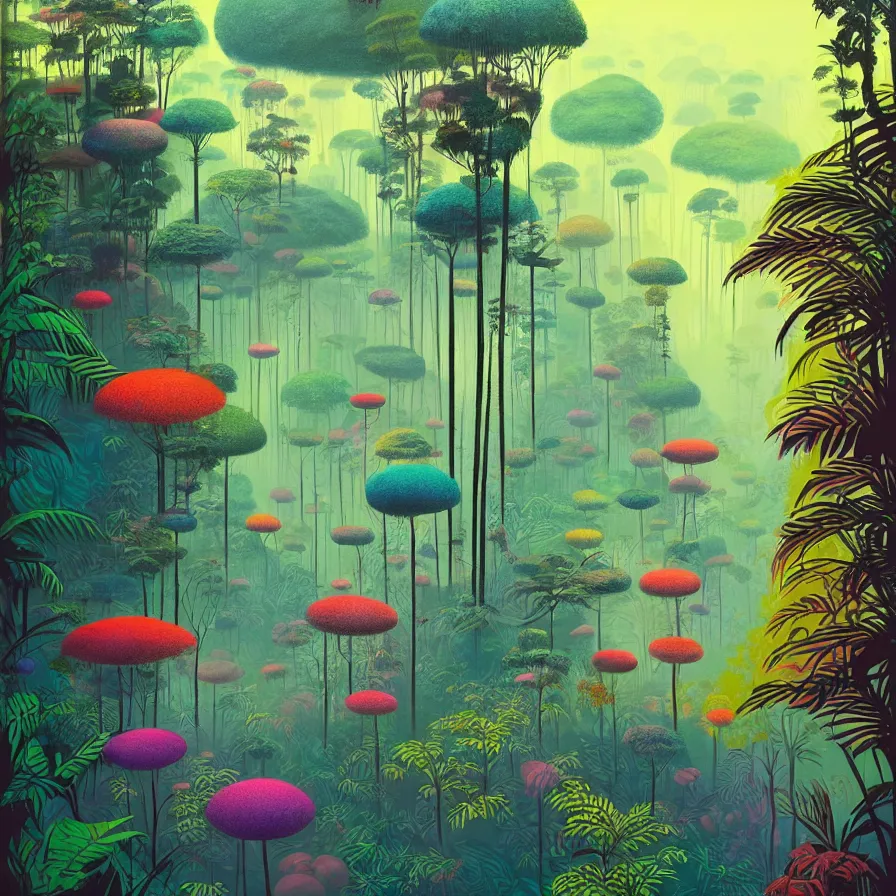 Image similar to surreal glimpse, malaysia jungle, summer morning, very coherent and colorful high contrast pastel art by gediminas pranckevicius james gilleard james gurney floralpunk screen printing woodblock, dark shadows, hard lighting, stippling dots,