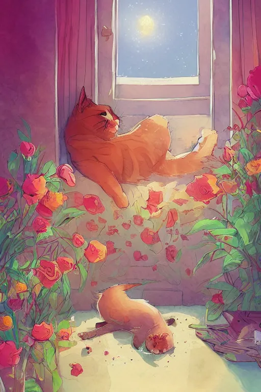 Image similar to a digital art of a cat sleeping in the room with flowers around in the afternoon, the sun shines in, storybook art, watercolor, detailed, cute, by anton fadeev, featured on artstation