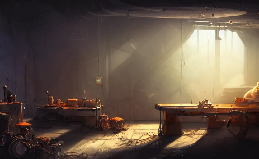 Image similar to a cat sleeping on a mechanics workbench, space opera and dystopian style, d & d, fantasy concept art, global illumination, interesting composition, volumetric lighting, art by enki bilial, highly detailed