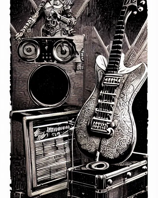 Image similar to a majestic steampunk alchemists guitar leaning on an guitar amp, two point perspective, furniture, high details, bold line art, by vincent di fate and joe fenton, inking, etching, screen print, masterpiece, trending on artstation, sharp, high contrast, hyper - detailed,, hd, 4 k, 8 k