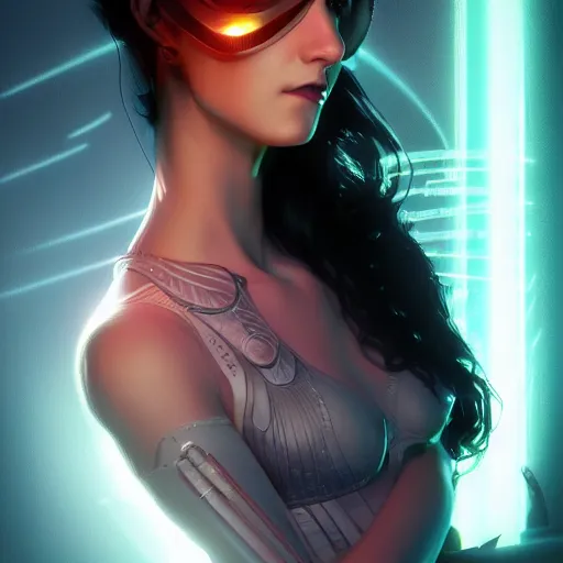 Prompt: avatar portrait of a cyberpunk art deco girl with rays of light falling on her face, sci-fi, intricate lighting, elegant noir, highly detailed, digital painting, studio portrait, artstation, sharp focus, photo by artgerm and greg rutkowski and Charlie Bowater, subsurface scattering