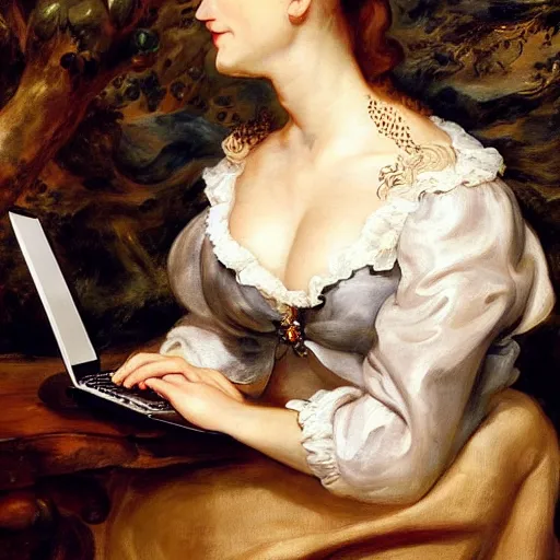 Image similar to heavenly summer sharp land sphere scallop well dressed lady working on her laptop drinking a starbucks coffee auslese, by peter paul rubens and eugene delacroix and karol bak, hyperrealism, digital illustration, fauvist