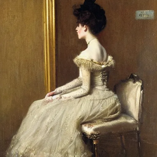 Prompt: victorian girl in ball gown absent - mind looking at her dance card, painting by alfred stevens