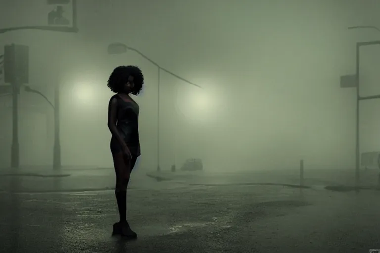 Image similar to vfx beautiful black woman photo real, sci-fi city street night lighting, rain and fog by Emmanuel Lubezki