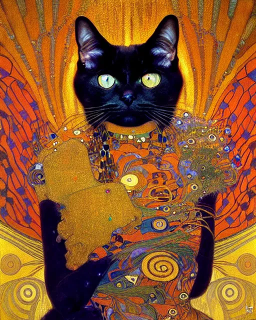 Image similar to magician cat portrait an oil painting splashes with many colors and shapes by gustav klimt greg rutkowski and alphonse mucha, polycount, generative art, psychedelic, fractalism, glitch art