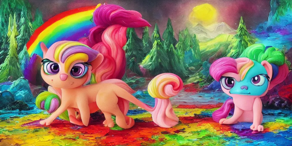 Image similar to rainbow sorbet made in the shape of 3 d littlest pet shop mythical manticore, realistic, melting, soft painting, desserts, ice cream, glitter, cake, forest, mountains, aurora, master painter and art style of noel coypel, art of emile eisman - semenowsky, art of edouard bisson