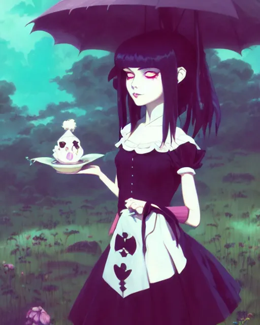 Prompt: portrait of cute goth alice from wonderland, anime key visual, by peter mohrbacher and ilya kuvshinov and wlop and makoto shinkai and studio ghibli