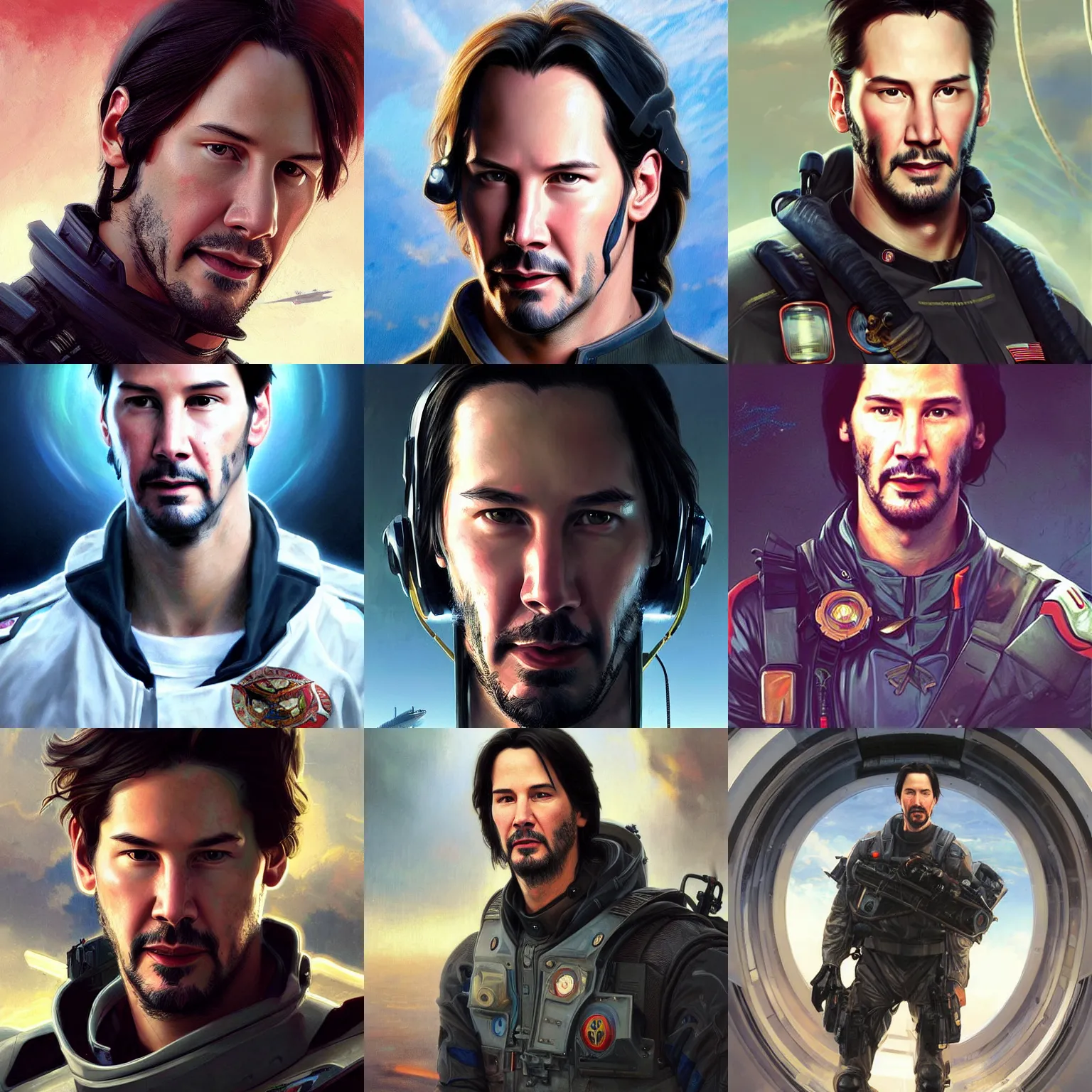 Prompt: portrait of young Keanu Reeves as a futuristic navy combat pilot, highly detailed, digital painting, artstation, concept art, sharp focus, illustration, art by artgerm and greg rutkowski and alphonse mucha