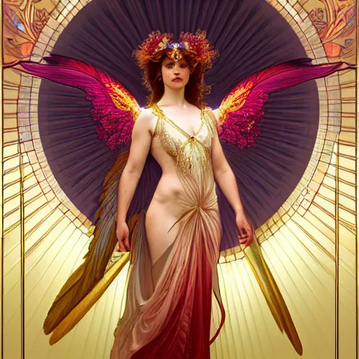 Image similar to a beautiful orchid phoenix angel woman, in an ornamented dress with large wings, volumetric light, god rays, 8 k high resolution, rubies, by alphonse mucha, artgerm, greg rutkowski