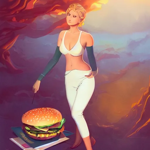 Image similar to beautiful Jennifer Lawrence eating a big mac hamburger, full body fantasy art icon, extreme detail, ethereal volumetric mystical lighting, dripping BBQ Sauce, serving burgers, art by Jesper Ejsing, by RHADS, Makoto Shinkai and Lois van baarle, ilya kuvshinov, rossdraws