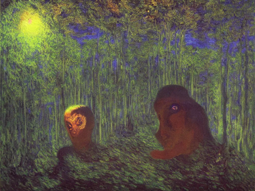 Image similar to ! dream glowing forest of mounds in the auroral psychedelia. dark, looming shadows over the mask. painting by monet, arnold bocklin, wayne barlowe, agnes pelton, rene magritte