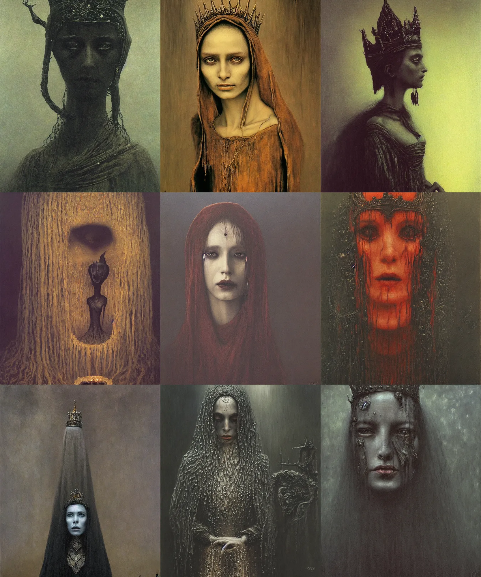 Prompt: The portrait of Lady in black wax crown by Beksinski, dark fantasy, witcher, very detailed oil painting, masterpiece, 8k