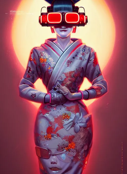 Prompt: portrait illustration of female japanese android wearing a vr eyewear and very detailed and intricate geisha kimono dress, intricate detail, cyber neon lighting, highly detailed, artstation, glamor pose, concept art, art by peter mohrbacher and boris vallejo and liam wong, pinterest, artstation, digital painting,