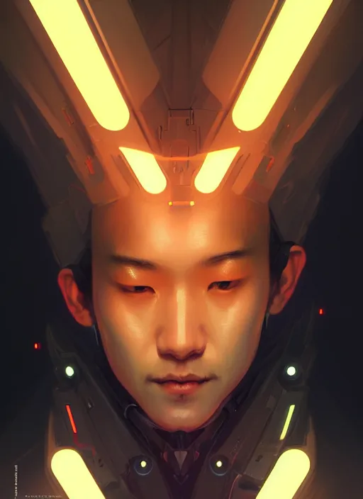 Image similar to symmetry!! portrait of japanese man, tech wear, glowing lights!! intricate, cyberpunk, elegant, highly detailed, digital painting, artstation, concept art, smooth, sharp focus, illustration, art by artgerm and greg rutkowski and alphonse mucha