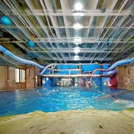 Prompt: an indoors waterpark. creepy, flooded, empty, abandoned. craiglist photo.