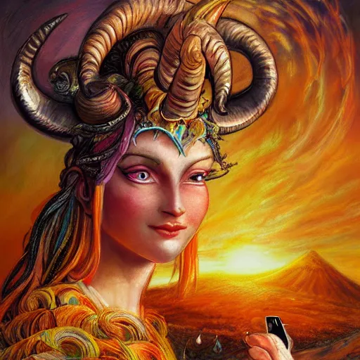 Prompt: horned ram goddess by josephine wall, checking her cell phone, erupting volcano and sunset in distance, flowers in foreground, trending on artstation, by senior concept artist, fantasy, zodiac, 8 k