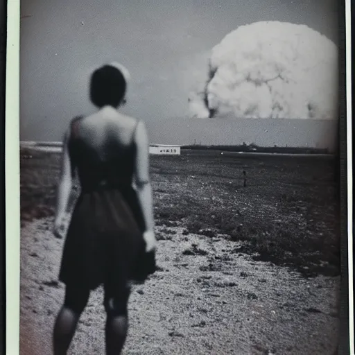 Prompt: an aged polaroid photo of a young woman seen from behind, a nuclear bomb explosion in the horizon, high contrast, film grain, color bleed